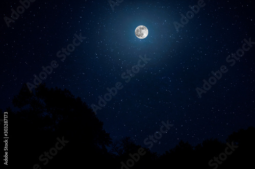 Fototapeta Naklejka Na Ścianę i Meble -  Long exposure shot. Mountain Road through the forest on a full moon night. Scenic night landscape of dark blue sky with moon. Azerbaijan