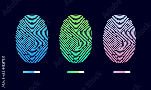 Fingerprints. Cyber security concept. Digital security authentication concept. Biometric authorization. Identification. Vector illustration of the fingerprint of different colors on a black background