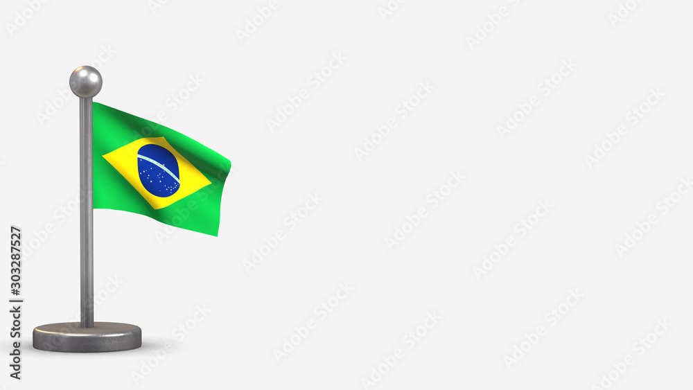 Brazil 3D waving flag illustration on tiny flagpole.