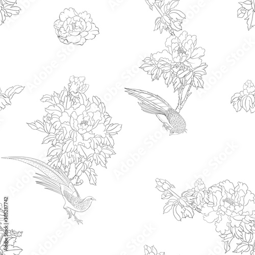 Peony tree branch with flowers with pheasants in the style of Chinese painting on silk Seamless pattern, background. Outline hand drawing vector illustration..