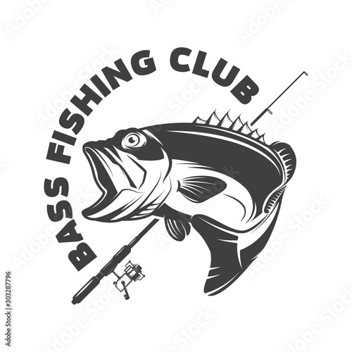 Bass fishing club. Emblem template with perch and fishing rod. Design element for logo, label, sign, poster. Vector illustration