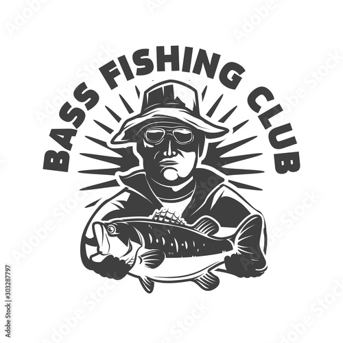 Bass fishing club. Emblem template with fisherman and perch. Design element for logo, label, sign, poster. Vector illustration