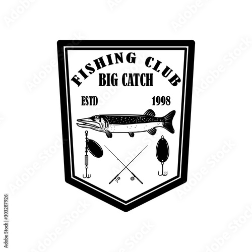 Fishing club. Emblem template with pike fish. Design element for logo, label, sign, poster. Vector illustration