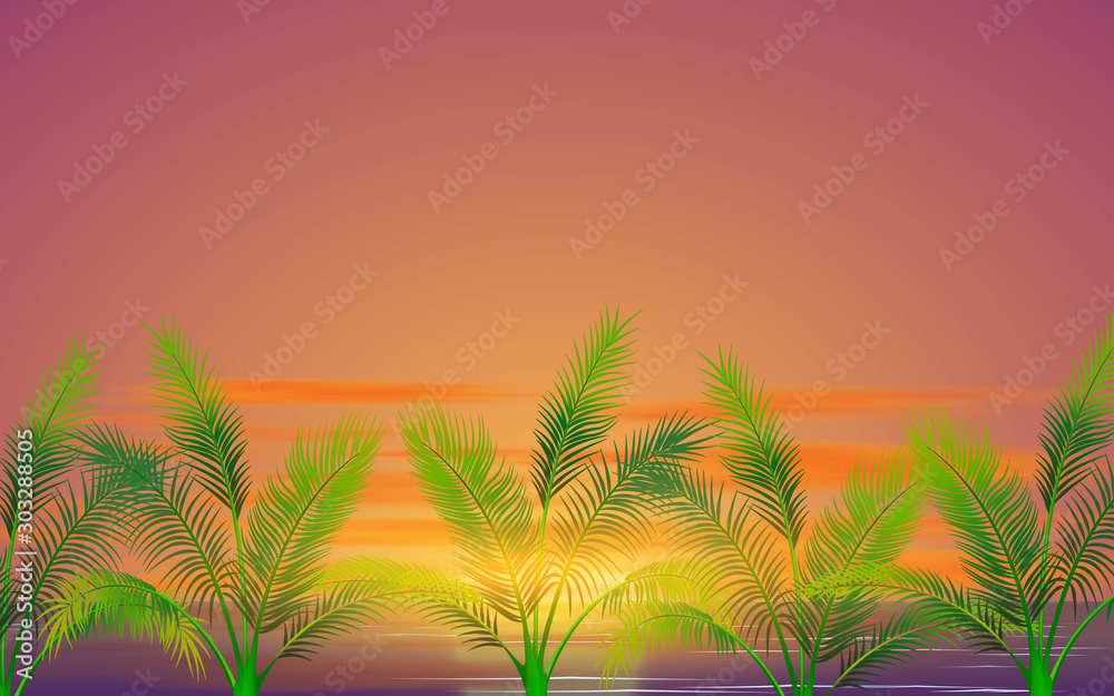 landscape of coconut tree on the beach in sunset
