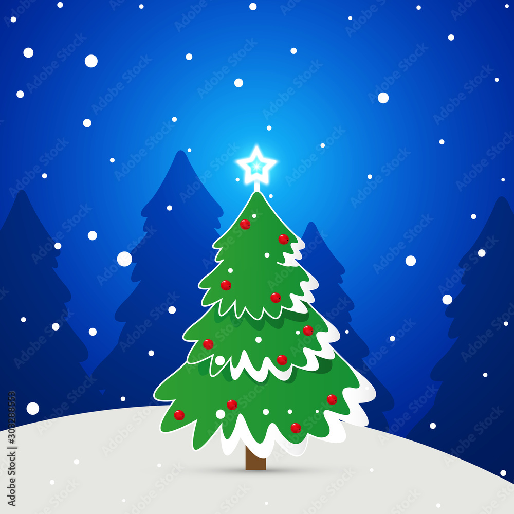 Cartoon landscape of a festive Christmas tree on the background of Christmas trees, vector art illustration.