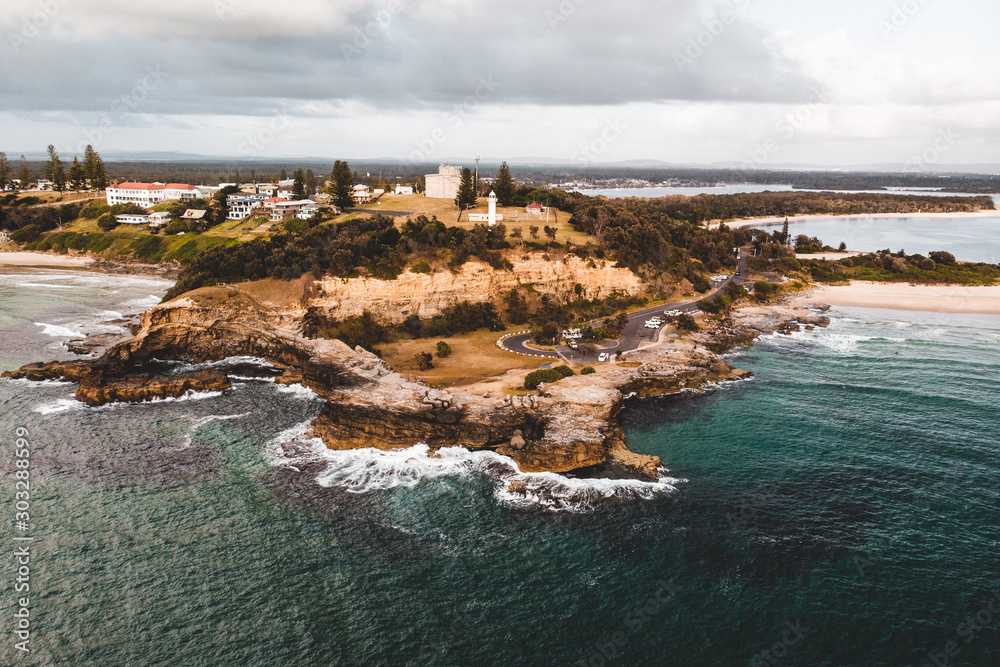 Drone photo of the rocky coast of Clarence Head at Yamba, New South Wales