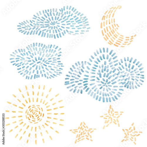 Watercolor vector set with sky, clouds, stars, moon and sun in cute baby stitch embroidery style. Ready clip art.