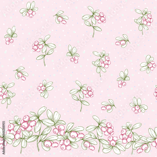 Cranberry and snow. Seamless pattern, background. Graphic drawing, engraving style. Vector illustration