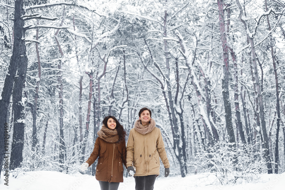 Happy Spouses Walking Holding Hands In Winter Forest Happy Spouses Walking Holding Hands In Winter Forest