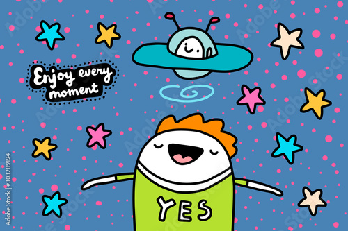 Enjoy every moment hand drawn vector illustration in cartoon comic style man happy taking up by ufo