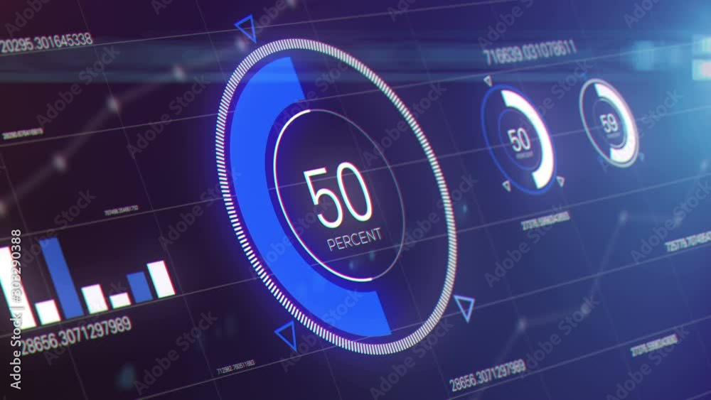 futuristic display of graphs and charts. Graphs and charts across a screen showing data visualizations and information