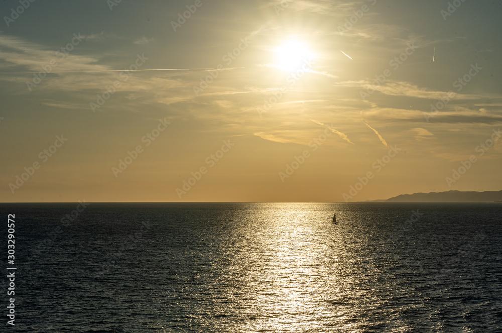 Fototapeta premium view of sunset at Barcelona waterfront, spain