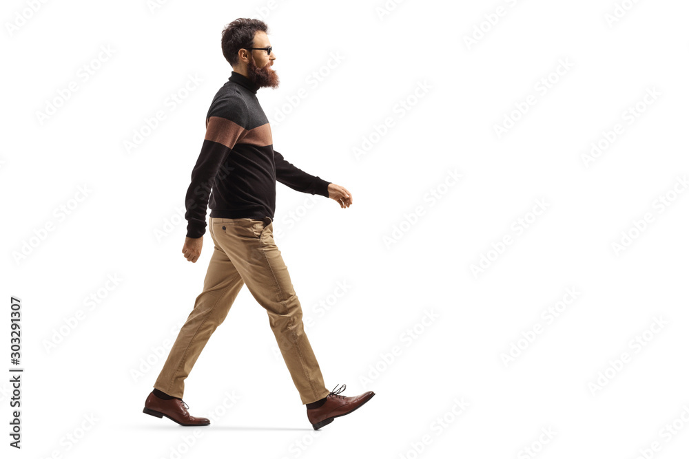 Bearded man with glasses walking