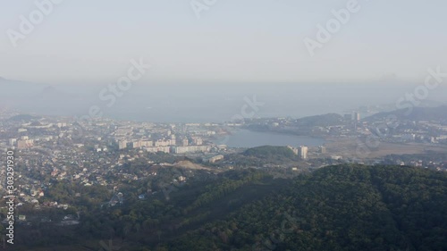 Landscape view of  seaside town of Nakhodka in the afternoon, Russia, far East. Aerial shot photo