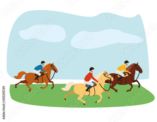 Equestrian  derby sport flat hand drawn color vector illustration. Stallion. Equestrianism. Racehorse hand drawn clipart. Horse racing competition.Professional jockeys  riders. Hippodrome  isolated