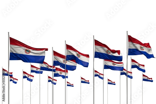 pretty independence day flag 3d illustration. - many Paraguay flags in a row isolated on white with empty space for text