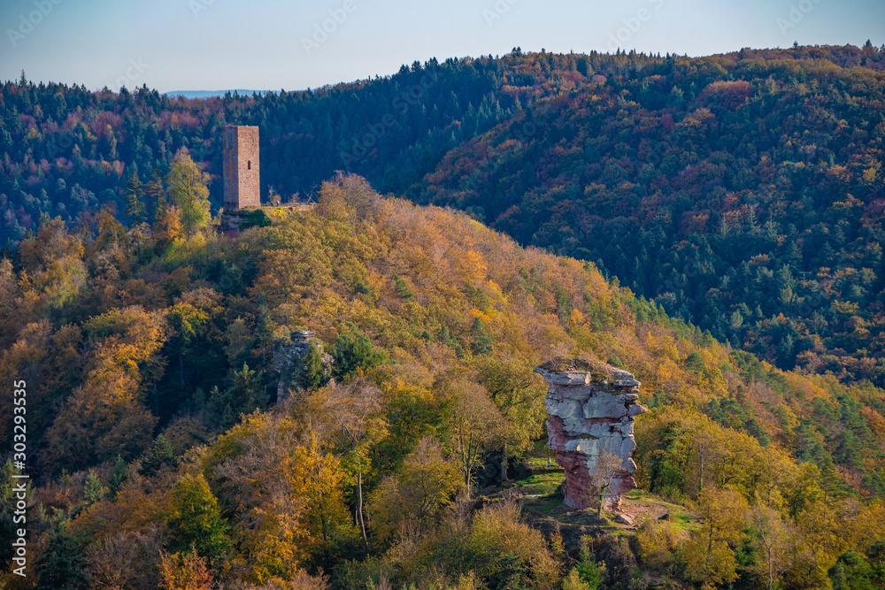 The view down from the Reichsburg Trifels in Palatinate, Autumn, Germany 2019