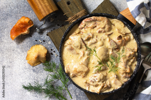 Fricasse - French Cuisine. Chicken stewed in a creamy sauce with mushrooms in a pan on a light stone background. Top view with copy space. Top view on a flat lay.