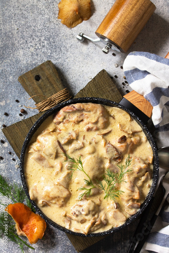 Fricasse - French Cuisine. Chicken stewed in a creamy sauce with mushrooms in a pan on a light stone background. Top view with copy space. Top view background with copy space. photo