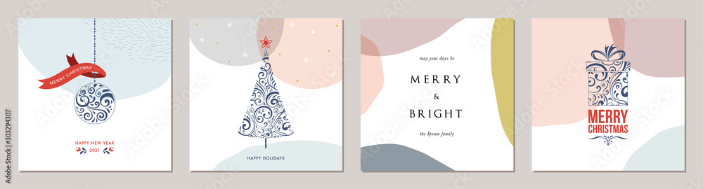 Merry Christmas greeting cards. Trendy abstract square Winter Holidays art templates.