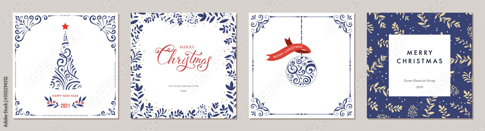 Ornate Merry Christmas greeting cards. Trendy square Winter Holidays art templates.