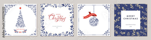 Ornate Merry Christmas greeting cards. Trendy square Winter Holidays art templates.
