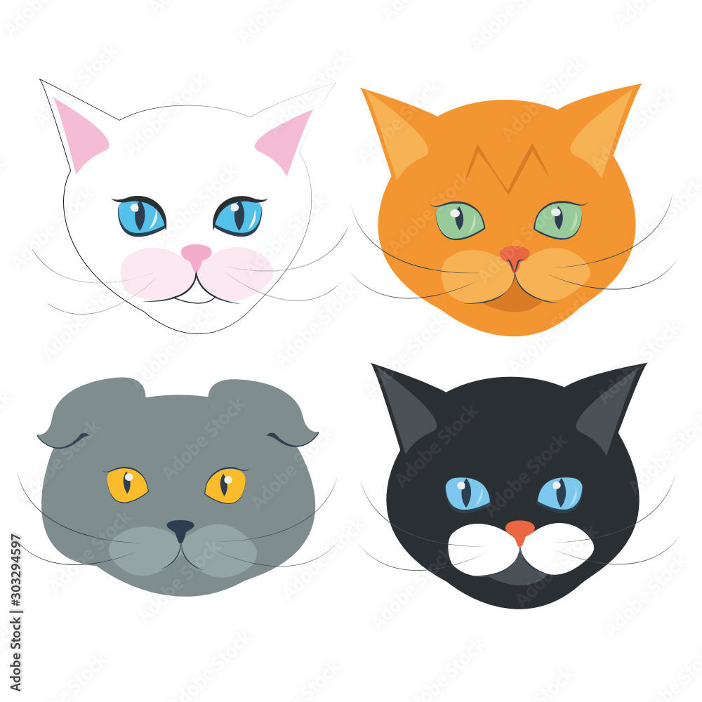 Set four different breeds of cats. Vector illustration face. Isolated portrait on white background. Cat icon head. Cute kitty, animal's head logo in a flat style, cat's face. 