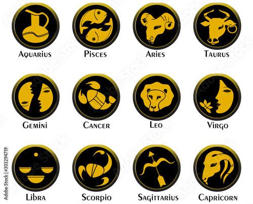Set of twelve signs of the zodiac on the background of gold circles. Prediction of the future. Vector illustration. Isolated on white background