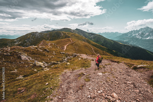 Panoramic view on Dolomites, hiking in the mountains