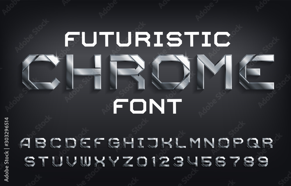 Futuristic Chrome alphabet font. Metallic letters, numbers and symbols with shadow. Stock vector typescript for your design.