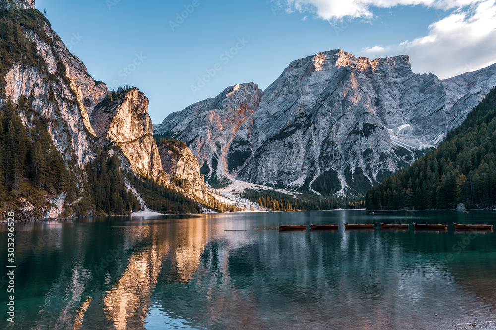 Dolomites in autumn, Lake Prags.