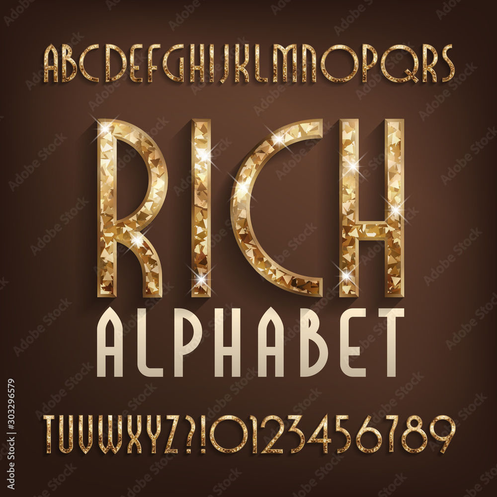 Rich alphabet font. Gold effect art deco letters and numbers with shadow. Stock vector typescript for your design.