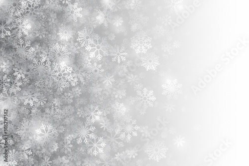 Christmas Falling Snow Effect With Transparent Snowflakes And Lights Overlayed On Light Silver Background. Merry Xmas And Happy New Year Holidays Clear Abstract Illustration