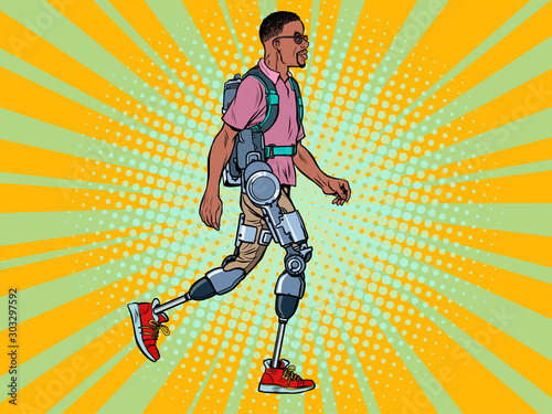 exoskeleton for the disabled. african man legless veteran walks. rehabilitation treatment recovery. science and technology
