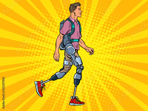 exoskeleton for the disabled. A man legless veteran walks. rehabilitation treatment recovery. science and technology