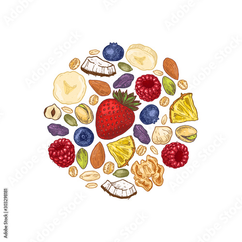 Granola round design. Engraved style illustration. Various berries, fruits and nuts. Vector illustration