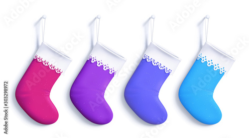 Vector set of Christmas stocking bags. Hanging empty socks of crimson, purple, blue and light blue colors. Four realistic objects. Decorative footwear with a different lace lapels. New Year's template