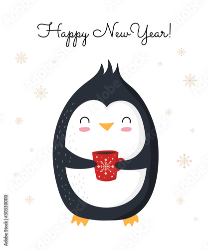 Creative postcard for New 2020 Year with cute penguin and winter slogan. Vector cartoon doodle isolated illustration.
