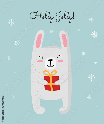 Creative postcard for New 2020 Year with cute rabbit and winter slogan. Vector cartoon doodle isolated illustration.