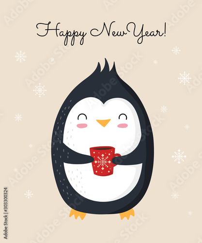 Creative postcard for New 2020 Year with cute penguin and winter slogan. Vector cartoon doodle isolated illustration.