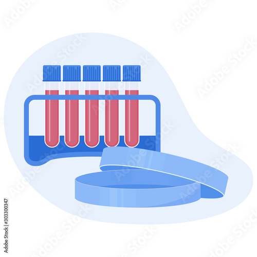 Petri dish and test tube rack with blood samples. Set for microbiology medical research in the chemical laboratory. Cell culture glass plate. Biotechnology science lab equipment. Regenerative medicine