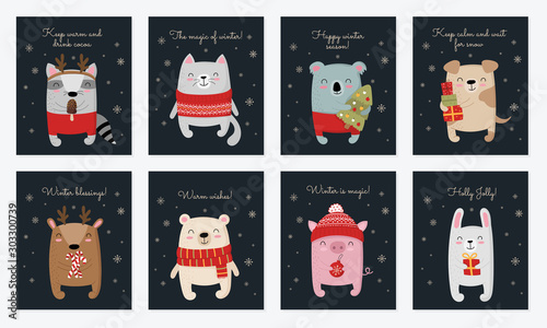 Vector collection of cards with hand drawing cute winter animals and slogan. Creative postcard set for New 2020 Year.