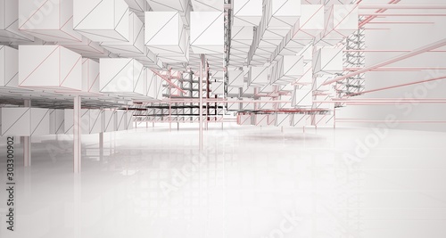 Drawing abstract architectural white interior from an array of cubes with large windows. 3D illustration and rendering.