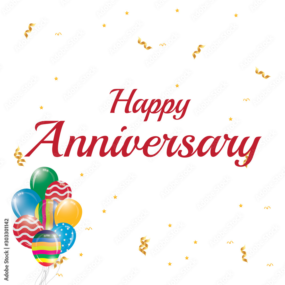 Happy Anniversary - greeting card or web banner in square composition with white background, copy space, realistic helium balloons and colorful confetti. Anniversary annual festive modern design Happy Anniversary - greeting card or web banner in square composition with white background, copy space, realistic helium balloons and colorful confetti. Anniversary annual festive modern design