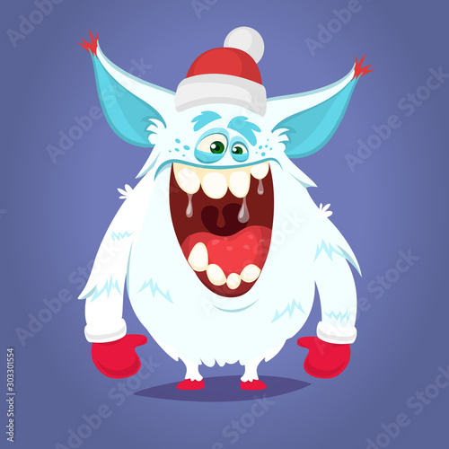 Funny cartoon monster wearing Santa Claus hat. Christmas illustration