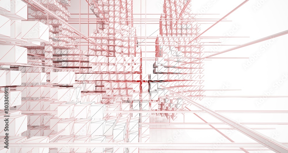Fototapeta premium Drawing abstract architectural white interior from an array of cubes with large windows. 3D illustration and rendering.