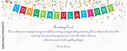 Congratulations card with bunting flags - vector. Greeting card or web banner in horizontal wide proportion with blue background, sample text and confetti. Anniversary annual festive design.