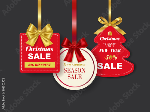 Set of realistic Red Christmas sale tags with golden ribbon on dark background. Vector Illustration.