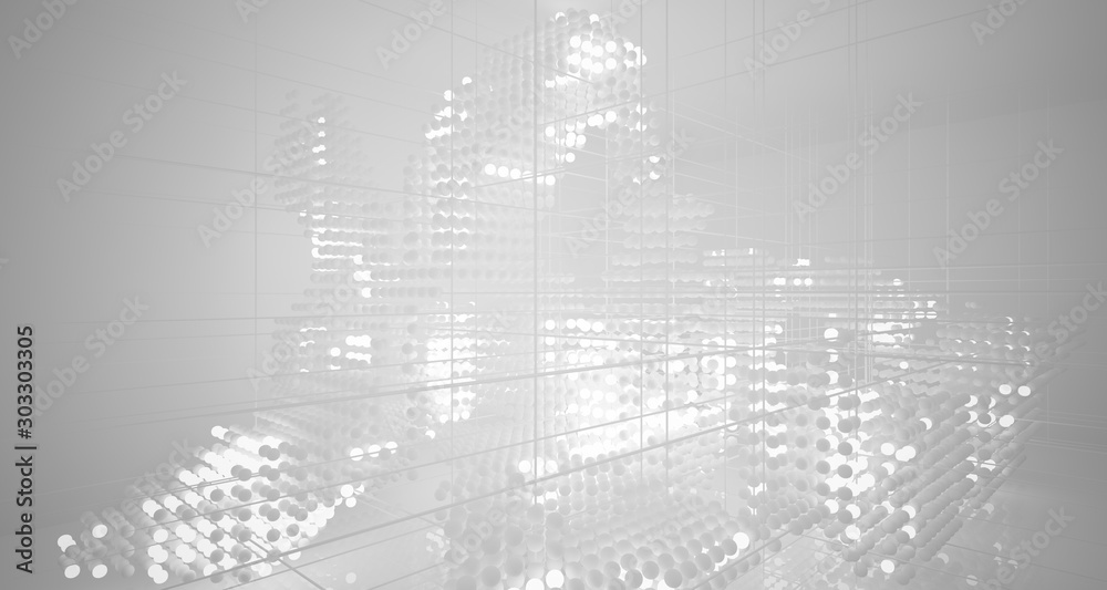 Abstract white architectural interior from an array of spheres with neon lighting. 3D illustration and rendering.