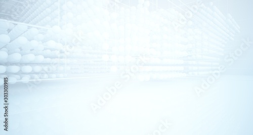 Abstract white architectural interior from an array of spheres with large windows. 3D illustration and rendering.